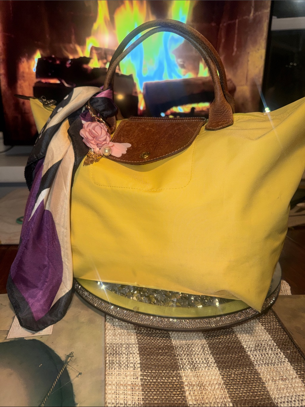 Longchamp Yellow Tote With Brown Leather Trim And Multicolor Scarf And Charm